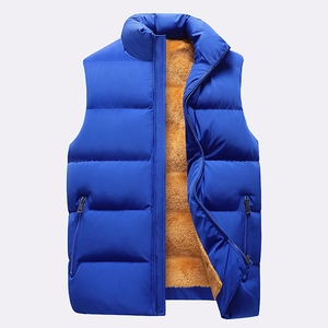 Men's blue insulated puffer vest with stand collar and orange fleece lining