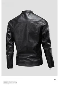 Rear view of black faux leather motorcycle jacket featuring stand collar and zipper cuffs