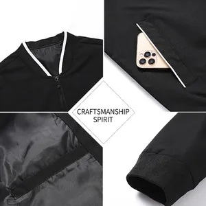 Men's business casual baseball jacket with striped collar and zippered pockets in black