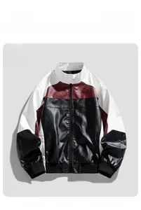 Close-up of racing-style PU leather jacket featuring color-block design and stand collar