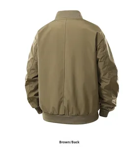 Rear view of brown bomber jacket with ribbed cuffs and hem on white background