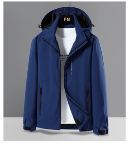 Detail of navy blue windproof jacket with X-SPORT logo, hood drawstrings and side pockets