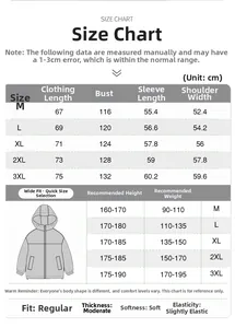 Size chart for outdoor hooded jacket showing measurements from M to 3XL for perfect fit