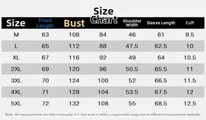 Detailed size chart for men's casual jacket showing measurements from M to 5XL sizes
