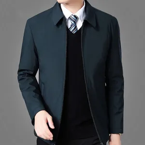 Classic navy business casual jacket for men with a metal zipper and refined collar