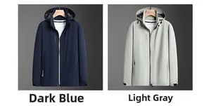 Detail view of men's hooded jackets in navy blue and light gray with windproof fabric
