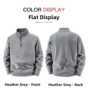 Front and back views of a heather grey quarter-zip fleece pullover with a stand collar