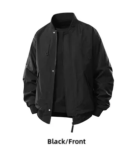 Detail view of black bomber jacket featuring metallic zipper and ribbed baseball collar