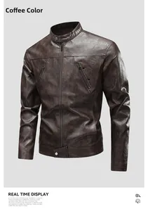 Detail view of coffee brown faux leather jacket featuring stand collar and metal zippers