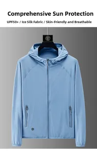 Detail of blue men's sun protection jacket with breathable ice silk fabric and UPF50+ logo