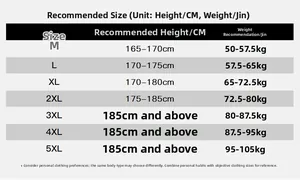 Size chart for casual summer jacket ranging from M to 5XL with height and weight metrics