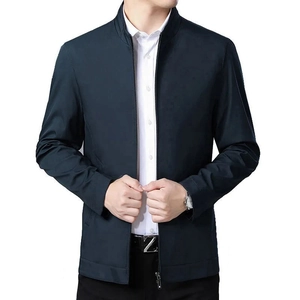 Men's navy blue business casual jacket with stand collar and zipper closure on white background