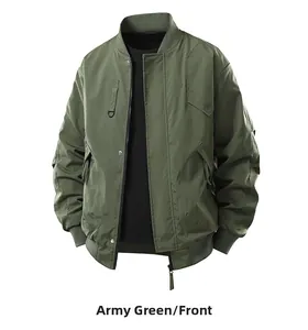 Front view of army green men's bomber jacket with ribbed collar and utility pocket details