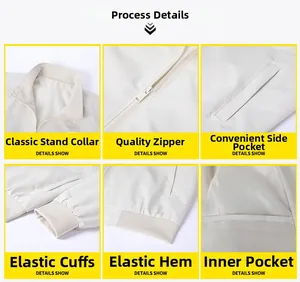 Detail view of men's casual jacket showing stand collar, metal zipper, and ribbed cuffs