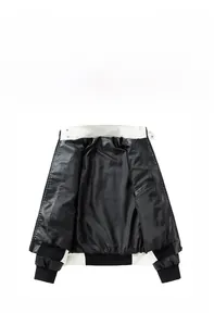 Detail view of the men's PU leather jacket interior with a black lining and inner pocket