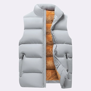 Men's light grey winter vest with stand collar and warm orange fleece lining
