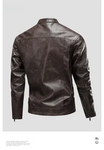 Detail view of the brown leather motorcycle jacket showing back seams and zipper cuffs