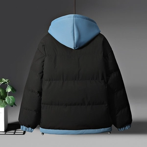 Men's graphene padded jacket with hood in black and blue color-block design