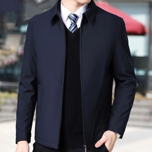 Men's navy blue business casual jacket with turndown collar and metal zipper