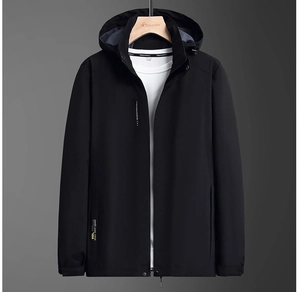 Men's casual black hooded jacket with stylish yellow chest stripe and windproof fabric