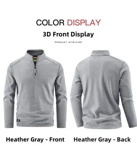 Front and back views of a heather gray men's half-zip fleece pullover sweater