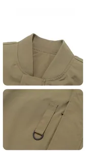 Close-up of ribbed knit collar and tactical webbing with D-ring detail on olive jacket