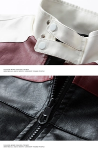 Detailed close-up of metal zipper and snap button on faux leather biker jacket