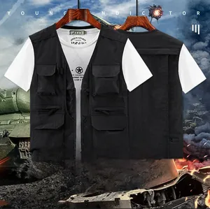 Detail of multi-pocket tactical fishing vest with functional V-neck and flap pockets