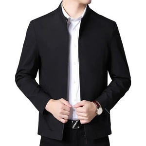 Men's classic black business jacket with stand collar and zipper closure on white background
