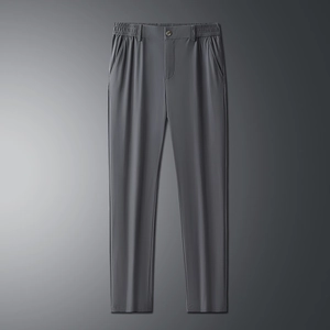 Men's dark gray business casual dress pants with elastic waist and straight-cut design