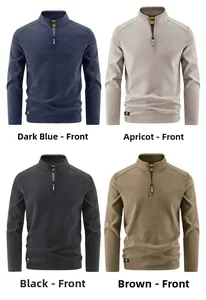 Men's quarter-zip fleece pullover jackets in navy, beige, black, and brown colors