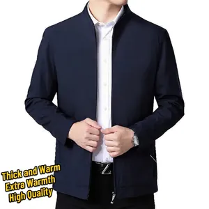 Men's navy business jacket with stand collar and warm fleece lining for autumn and winter