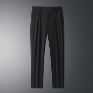 Men's formal black straight-leg trousers with semi-elastic waist and smooth texture