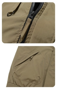 Macro detail of khaki jacket showing metal D-ring, sturdy zipper and cargo pocket flap
