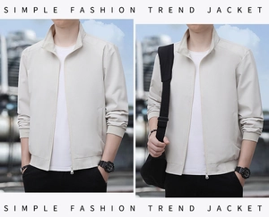 Detail of light beige men's stand collar jacket with ribbed cuffs and metal zipper