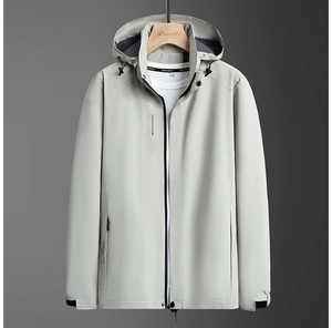 Front view of a light gray men's hooded casual jacket with high-quality zipper and adjustable cuffs