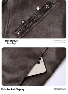Detail view of retro brown biker jacket showing metal zippers and vintage distressed texture