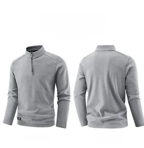 Dual view of heather grey half-zip fleece jacket showing front side and back details