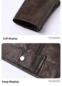 Detail view of retro brown faux leather jacket showing metal zippers and snap buttons