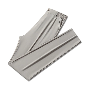 Light gray business casual men's trousers with elastic waist and breathable fabric texture