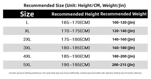 Detailed size recommendation chart for outdoor men's waterproof jackets from L to 5XL