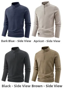 Detail view of four-color fleece pullovers showing fabric texture and half-zip collar