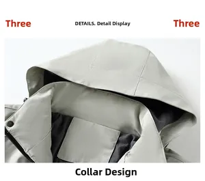 Detail of light grey hooded jacket neckline with zipper and contrast lining
