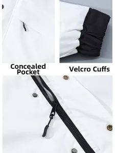 Detail of outdoor jacket showing concealed pockets, velcro cuffs, and zipper closure