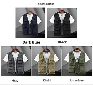 Multi-pocket outdoor utility vests in blue, black, gray, khaki, and army green colors