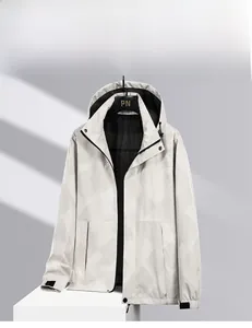 Detail of men's water-resistant hooded jacket with geometric texture and mesh lining