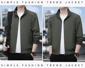 Detail view of olive green casual jacket with stand collar and smooth metal zipper closure