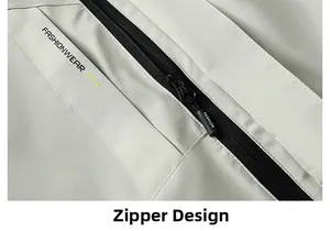 Close-up of gray windproof jacket with hidden zipper pocket and Fashionwear print