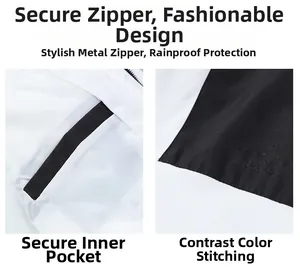 Detail of color-block jacket featuring metal zipper, safety inner pocket, and patchwork