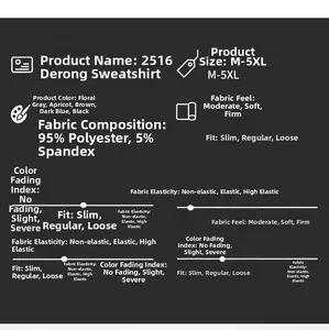 Detailed size chart and fabric specifications for half-zip fleece hoodie with material info